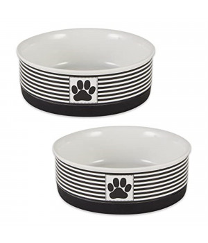 DII Pet Bowl Paw Patch Stripe, Black, Medium 6Dx2H (Set of 2)