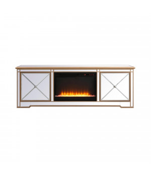 Modern 72 in. mirrored tv stand with crystal fireplace in antique gold