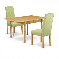 East West Furniture MZCE3-OAK-07 3Pc Dining Table Set for 2 Contains a Small Dining Table and 2 Parsons Chairs with Lime Green Color Linen Fabric, Drop Leaf Table with Full Back Chairs, Oak Finish