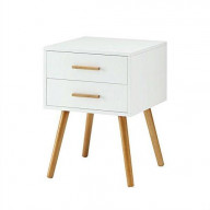 Modern 2-Drawer End Table Nightstand in White with Mid-Century Style Wood Legs