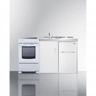 All-in-one combination kitchenette with refrigerator-freezer, sink, storage cabinet, and smooth-top range