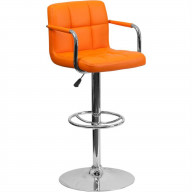 Contemporary Orange Quilted Vinyl Adjustable Height Barstool with Arms and Chrome Base