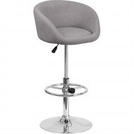 Contemporary Gray Fabric Adjustable Height Barstool with Barrel Back and Chrome Base