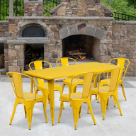 31.5''x63'' Rectangular Yellow Metal In-Outdoor Table Set with 6 Stack Chairs