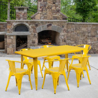 31.5''x63'' Rectangular Yellow Metal Indoor-Outdoor Table Set with 6 Arm Chairs
