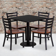 30'' Square Black Laminate Table Set with 4 Ladder Back Metal Chairs - Cherry Wood Seat