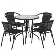 28'' Round Glass Metal Table with Black Rattan Edging and 4 Black Rattan Stack Chairs