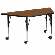 Mobile 22.5''W x 45''L Trapezoid Oak HP Laminate Activity Table - Height Adjustable Short Legs
