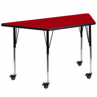 Mobile 29''W x 57''L Trapezoid Red Thermal Laminate Activity Table - Standard Height Adjustable Legs