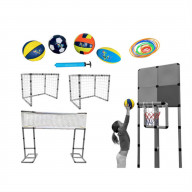 Funphix Sport Set Accessories - 4 Nets-2 soccer nets, 1 volleyball net, 1 basketball net; 4 Balls-Soccer, Rugby, Basketball, Volleyball; Pump; 20 Toss Rings-in 5 different sizes.