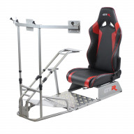 GTSF Model Racing Simulator Cockpit Silver Frame with Black/Red Pista Adjustable Leatherette Racing Seat & Single/Triple Standard Monitor Stand