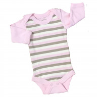 Organic Cotton Long Sleeve Bodysuits/Onesies - Pink/Natural Khaki Stripe 6-12m