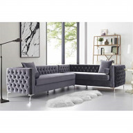 Levi Velvet Modern Contemporary Button Tufted with Silver Nailhead Trim Metal Y-leg Right Facing Corner Sectional Sofa , Grey