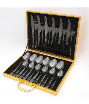 1010 -24pcs set black cutlery with wooden box (table knife,table fork,table spoon,tea spoon each 6pcs and with woodenbox )