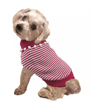 Fashion Pet Pom Pom Stripe Dog Sweater Raspberry