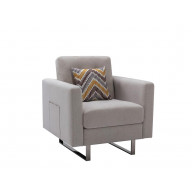 Victoria Beige Linen Fabric Armchair with Metal Legs, Side Pockets, and Pillow