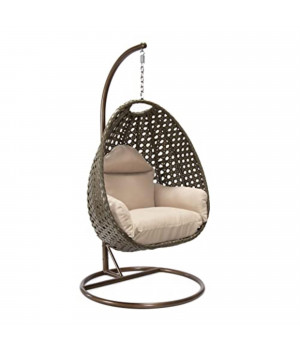 LeisureMod Beige Wicker Hanging Egg Swing Chair