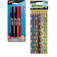 3pk Chisel Tip Permanent Ink Broadline Markers, Non-Toxic & 10pk iTudes Silly Face #2 Pencils w/ Eraser