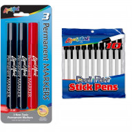 10pk Medium Point Stick Pens & 3pk Chisel Tip Permanent Ink Broadline Markers, Non-Toxic - Assorted Colors USA Made