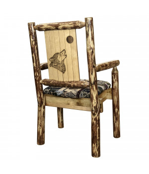 Glacier Country Collection Captain's Chair, Woodland Upholstery w/ Laser Engraved Wolf Design