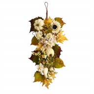 33 Fall Sunflower, Hydrangea and White Pumpkin Artificial Autumn Teardrop