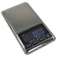 A pocket scale with comes in six different capacitys (100g to 1000g-1kg) and has a lid/ weighing tray.