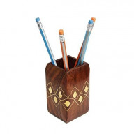Pencil Holder Rosewood Handmade With Brass Inlay Pen Stand for Home Office Desk Accessories 2.5 X 2.5 X 4 Inches