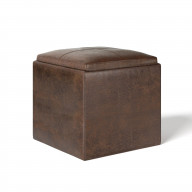 Rockwood Cube Storage Ottoman with Tray in Distressed Brown Faux Leather