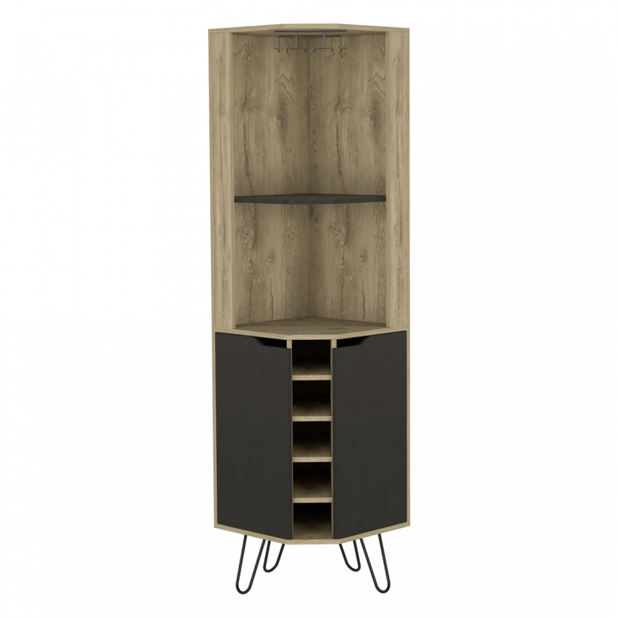 TUHOME Audra Corner Bar Cabinet -Six Wine Cubbies, Two Shelves, Four Shelves With Door, Four Legs-Macadamia/Black, For Living Room