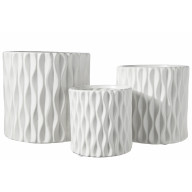 Ceramic Cylindrical Pot wth Wide Mouth and Embossed Wave Design Body Set of Three Matte Finish White