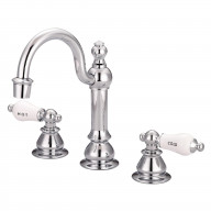 American 20th Century Classic Widespread Lavatory F2-0012 Faucets With Pop-Up Drain in Chrome Finish With Porcelain Lever Handles, Hot And Cold Labels Included
