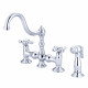Bridge Style Kitchen Faucet With Side Spray To Match in Chrome Finish With Metal Lever Handles, Hot And Cold Labels Included