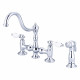 Bridge Style Kitchen Faucet With Side Spray To Match in Chrome Finish With Porcelain Lever Handles, Hot And Cold Labels Included