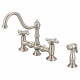 Bridge Style Kitchen Faucet With Side Spray To Match in Brushed Nickel Finish With Metal Lever Handles, Hot And Cold Labels Included