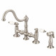 Bridge Style Kitchen Faucet With Side Spray To Match in Brushed Nickel Finish With Porcelain Lever Handles, Hot And Cold Labels Included