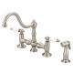 Bridge Style Kitchen Faucet With Side Spray To Match in Brushed Nickel Finish With Porcelain Lever Handles Without labels