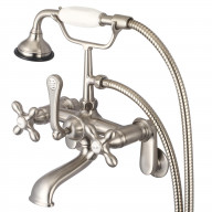Vintage Classic Adjustable Center Wall Mount Tub Faucet With Swivel Wall Connector & Handheld Shower in Brushed Nickel Finish With Metal Lever Handles, Hot And Cold Labels Included