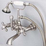 Vintage Classic 7 Inch Spread Wall Mount Tub Faucet With Straight Wall Connector & Handheld Shower in Brushed Nickel Finish With Metal Lever Handles, Hot And Cold Labels Included