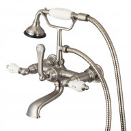 Vintage Classic 7 Inch Spread Wall Mount Tub Faucet With Straight Wall Connector & Handheld Shower in Brushed Nickel Finish With Porcelain Lever Handles, Hot And Cold Labels Included