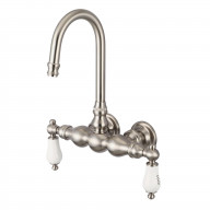 Vintage Classic 3.375 Inch Center Wall Mount Tub Faucet With Gooseneck Spout & Straight Wall Connector in Brushed Nickel Finish With Porcelain Lever Handles, Hot And Cold Labels Included