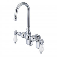 Vintage Classic Adjustable Spread Wall Mount Tub Faucet With Gooseneck Spout & Swivel Wall Connector in Chrome Finish With Porcelain Lever Handles, Hot And Cold Labels Included