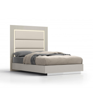 Chloe Bed Queen, Grey Frame, Upholstered Faux Leather Panel with LED Light in Headboard, Polished Stainless Steel Base