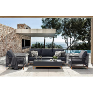 Karen 4-Piece Outdoor Collection, Dark Grey Olifen Cushions, Sofa, 2 Chairs and Coffee Table, Aluminum Frame, Powder-Coating Finished, Wood Color Base, 8mm Glass Ceramic Table Top.