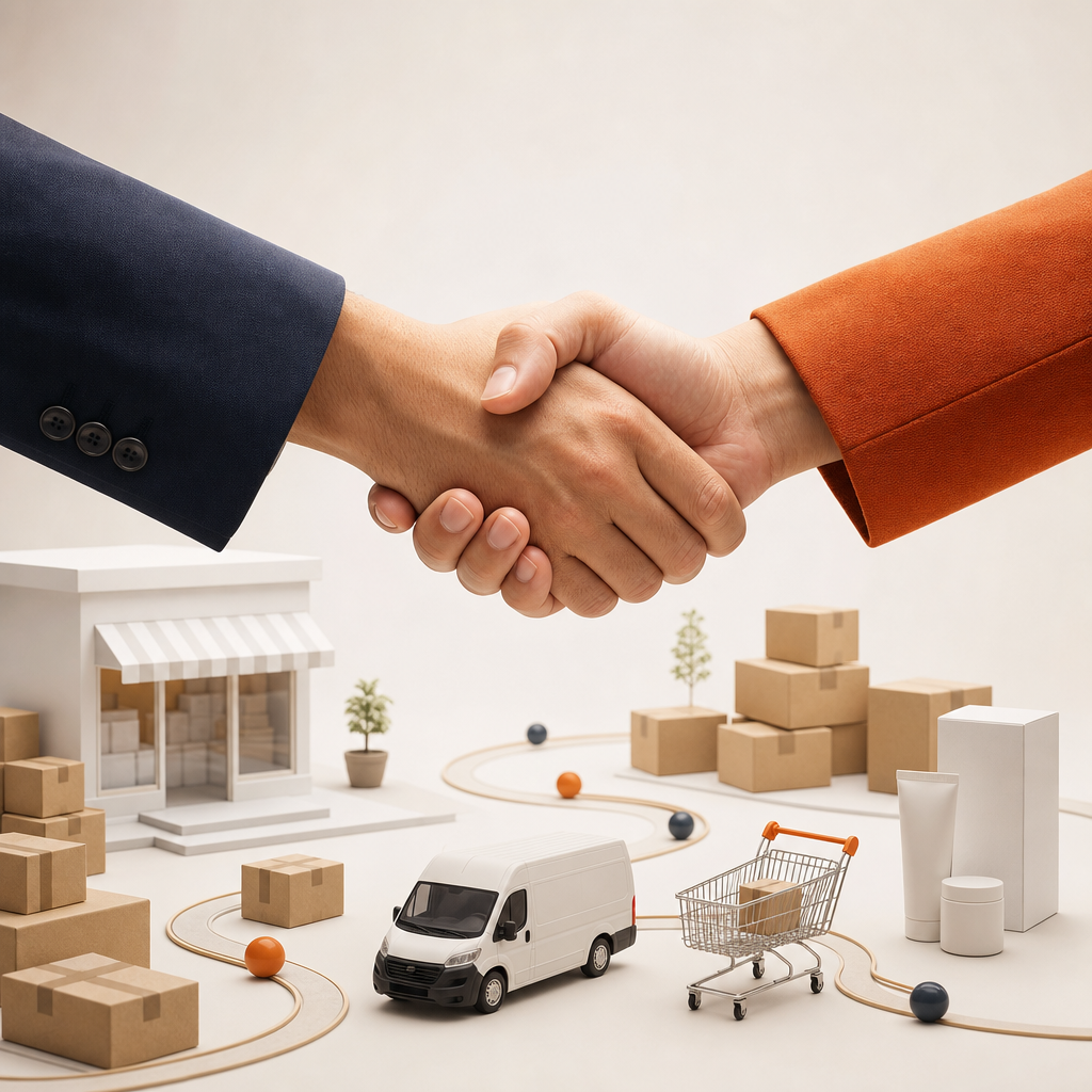 Realistic 3D handshake above a miniature ecommerce scene with storefront, delivery van, shopping cart, products, and parcels